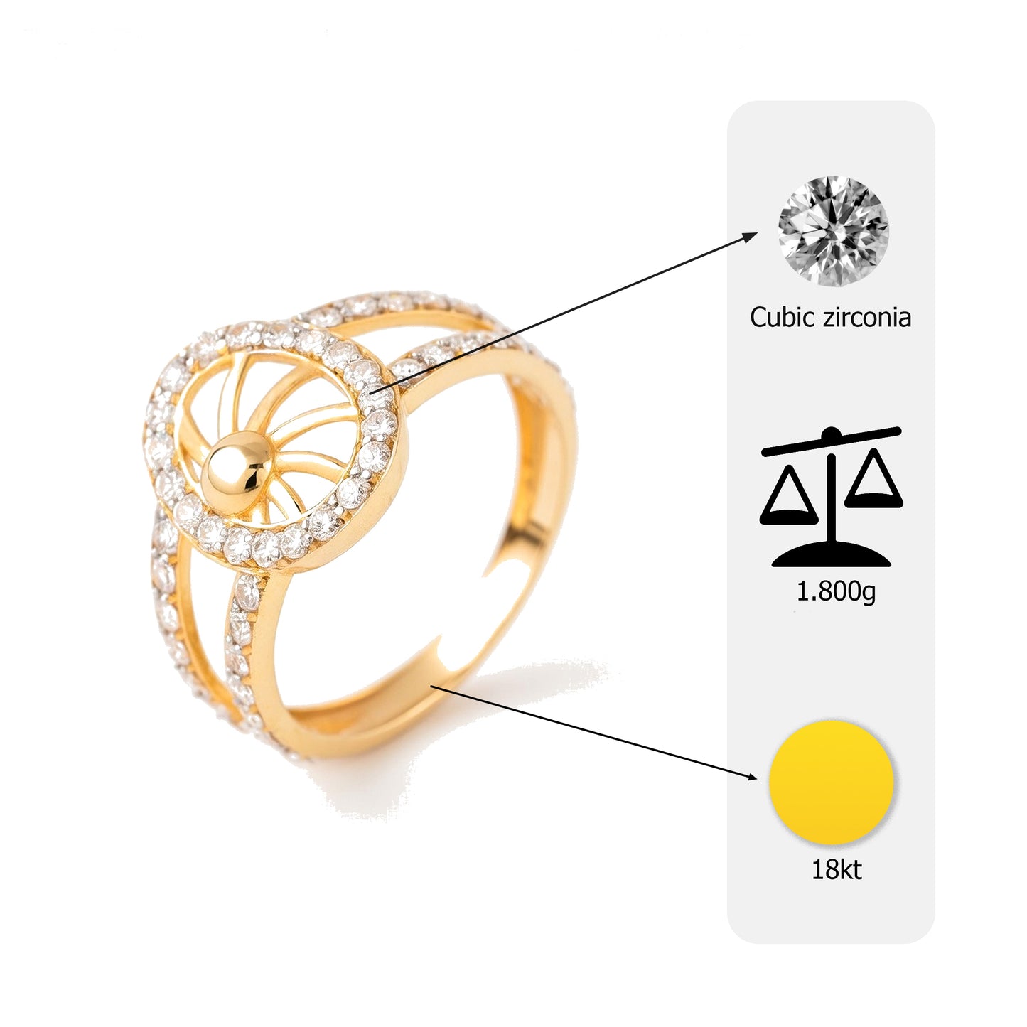 18K Gold Plated Celestial Wheel CZ Ring | High-Purity Sun Motif Statement Ring