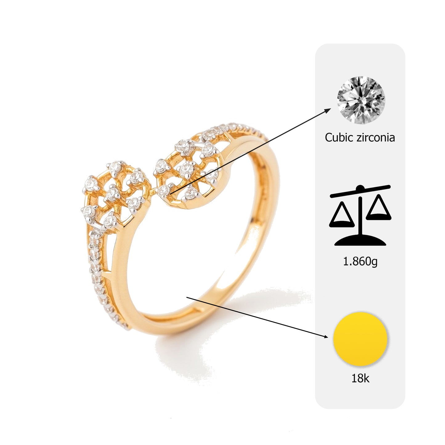 18K Gold Plated Dual Wheel CZ Ring | Cubic Zirconia Geometric Filigree Statement Ring