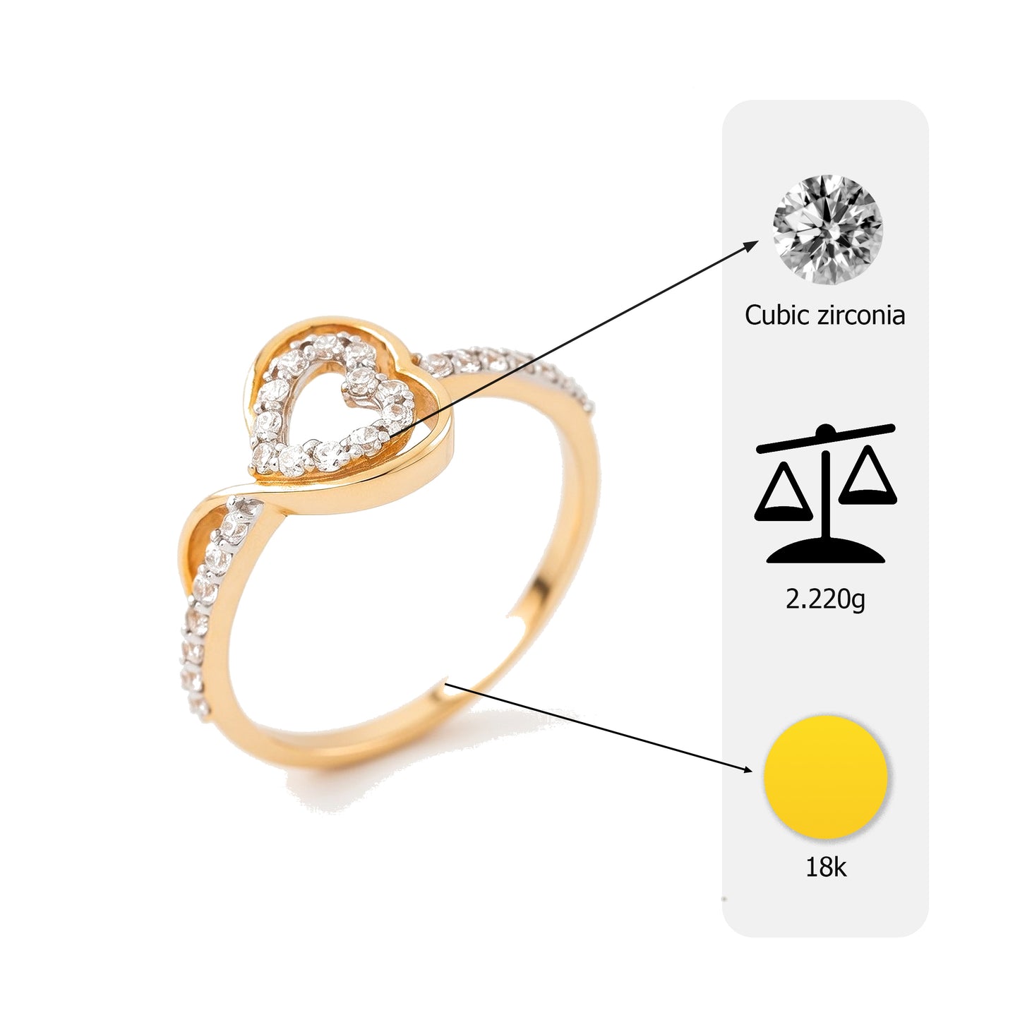 18K Gold Plated Heart CZ Twisted Ring | Cubic Zirconia Infinity Statement Ring