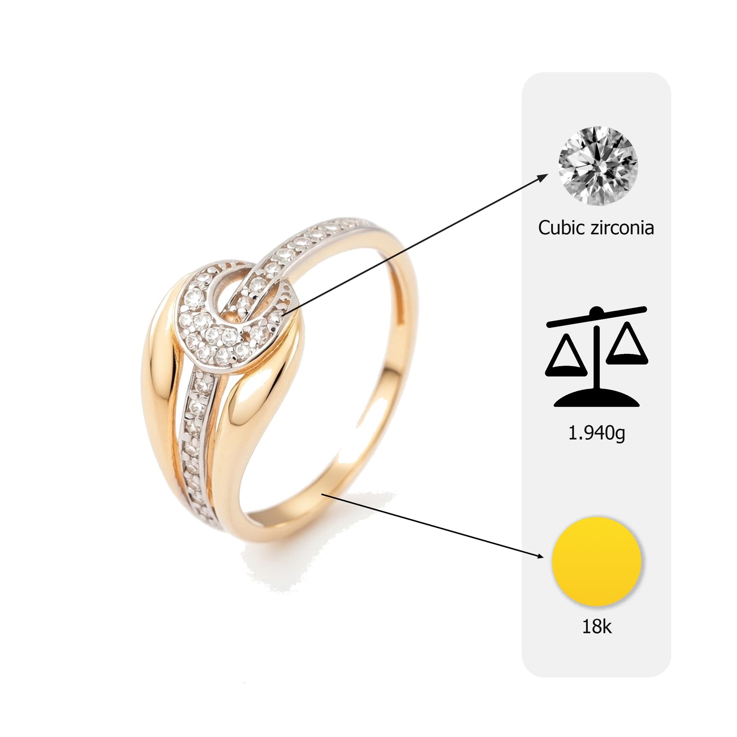 18K Gold Plated Interlocking Loop CZ Ring | Cubic Zirconia Designer Inspired Statement Ring