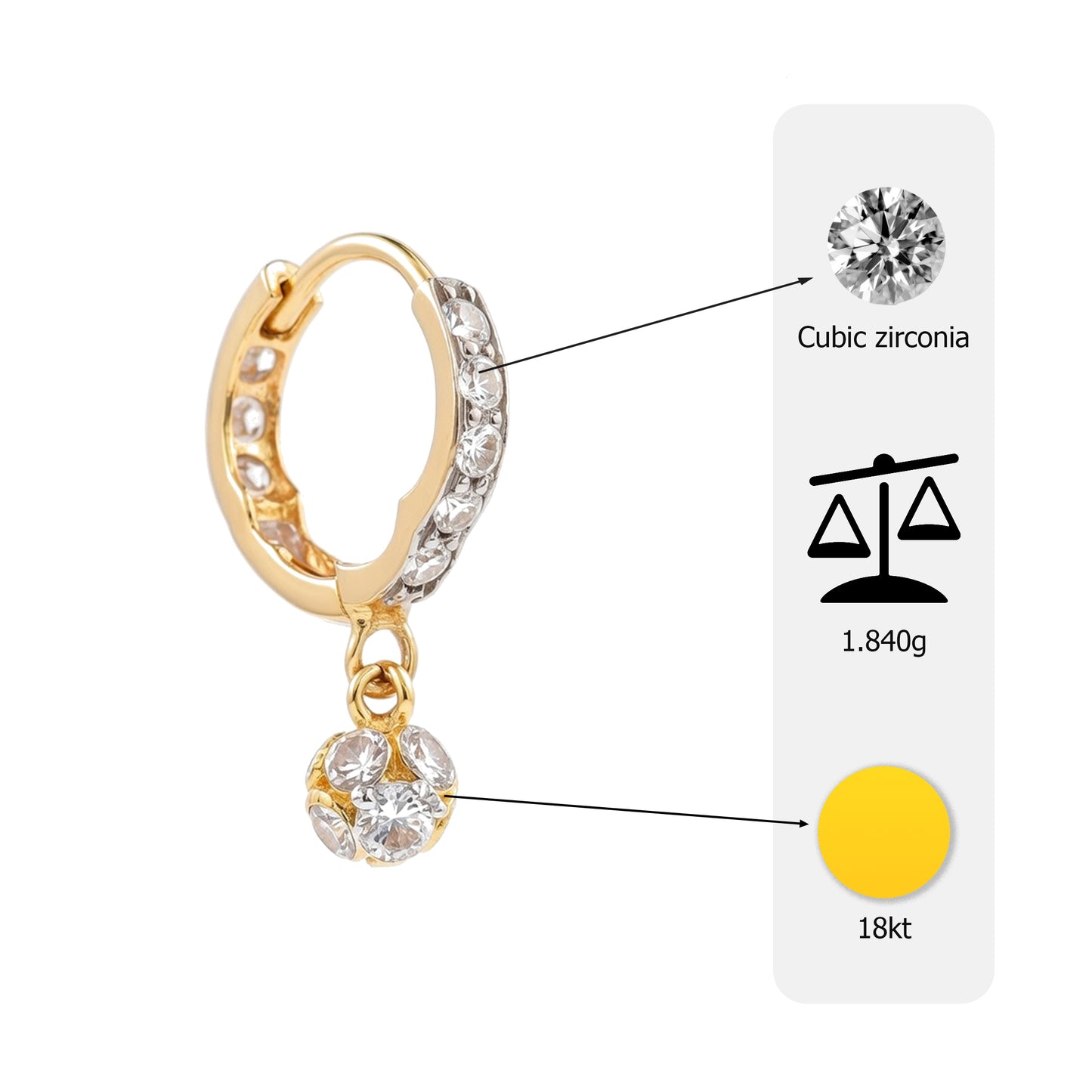 Flambeur B.I.S Hallmarked 18 KT CZ Gold Hoop Earring