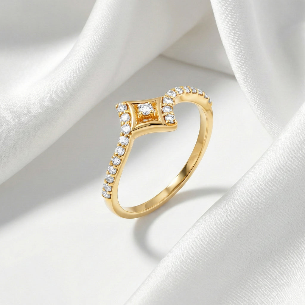 14kt Gold Star Motif Diamond Ring | Genuine Diamond Chevron Tiara Ring
