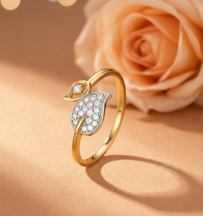 14kt Gold Dual Leaf Diamond Ring | Genuine Diamond Nature-Inspired Two-Tone Ring