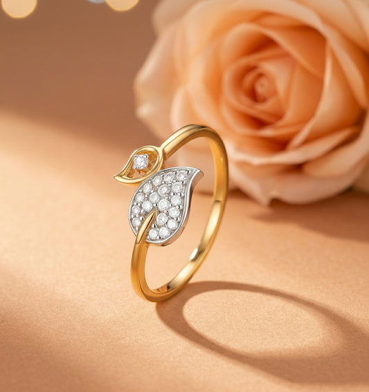14kt Gold Dual Leaf Diamond Ring | Genuine Diamond Nature-Inspired Two-Tone Ring