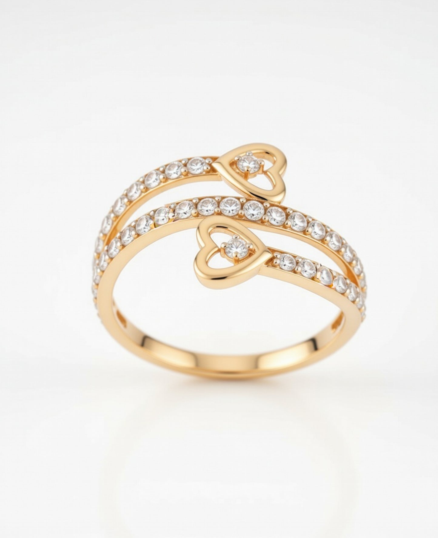 18Kt Gold Plated Twin Heart CZ Ring | Cubic Zirconia Double-Band Statement Ring