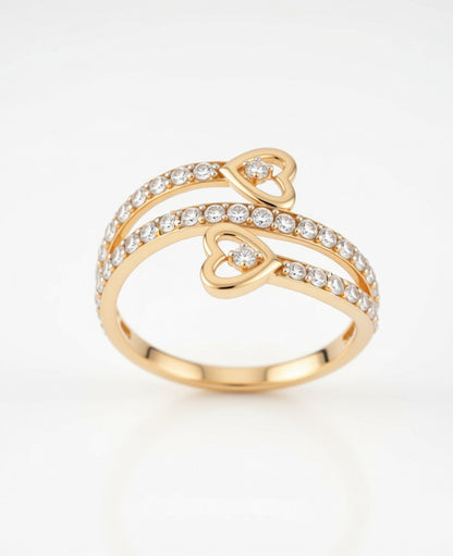 18Kt Gold Plated Twin Heart CZ Ring | Cubic Zirconia Double-Band Statement Ring