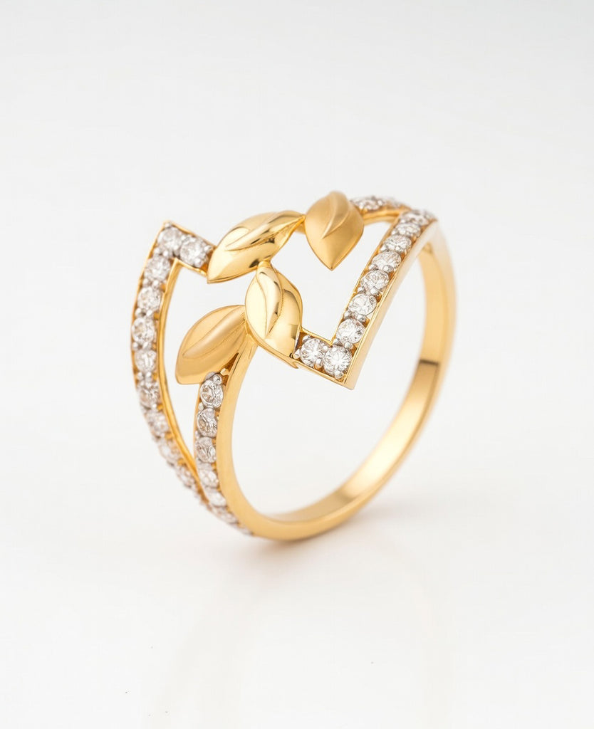 18Kt Gold Plated Leaf Motif CZ Ring | Cubic Zirconia Nature-Inspired Statement Ring