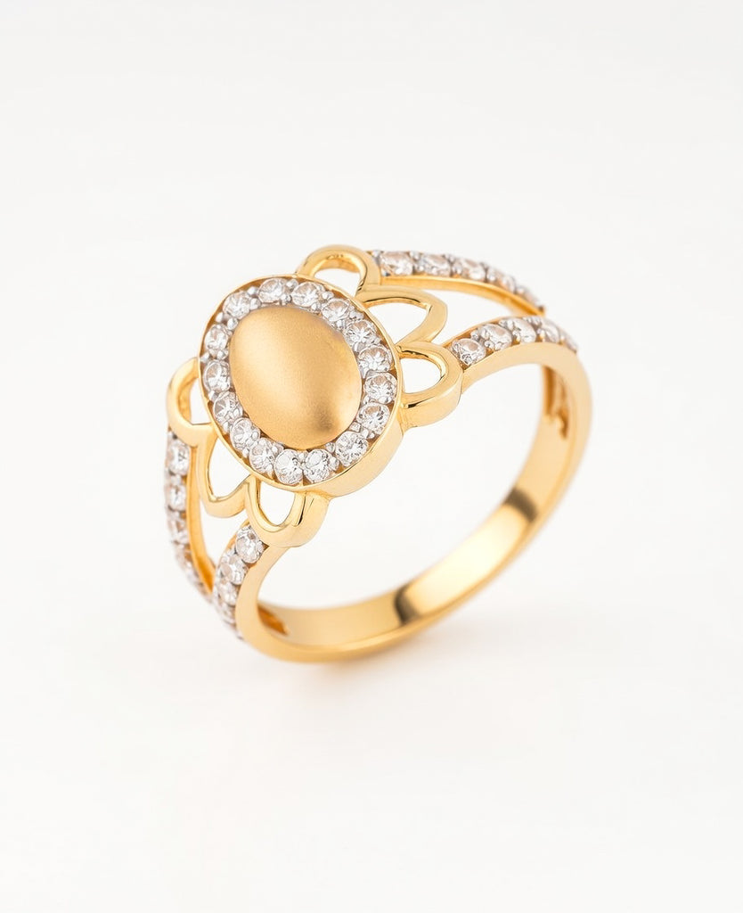 18Kt Gold Plated Matte Oval Floral Ring | Cubic Zirconia Petal Halo Statement Ring