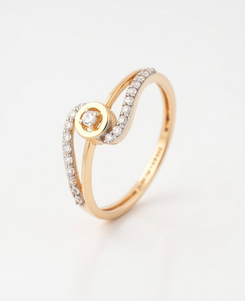 18K Gold Plated Circular Solitaire Ring | Cubic Zirconia Wave Bypass Statement Ring