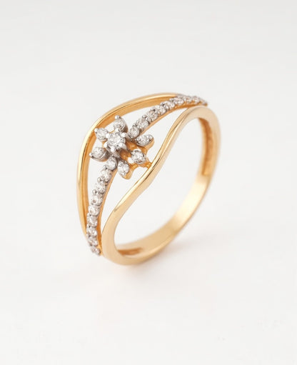 18K Gold Plated Floral Starburst Ring | Cubic Zirconia Curved Bypass Statement Ring