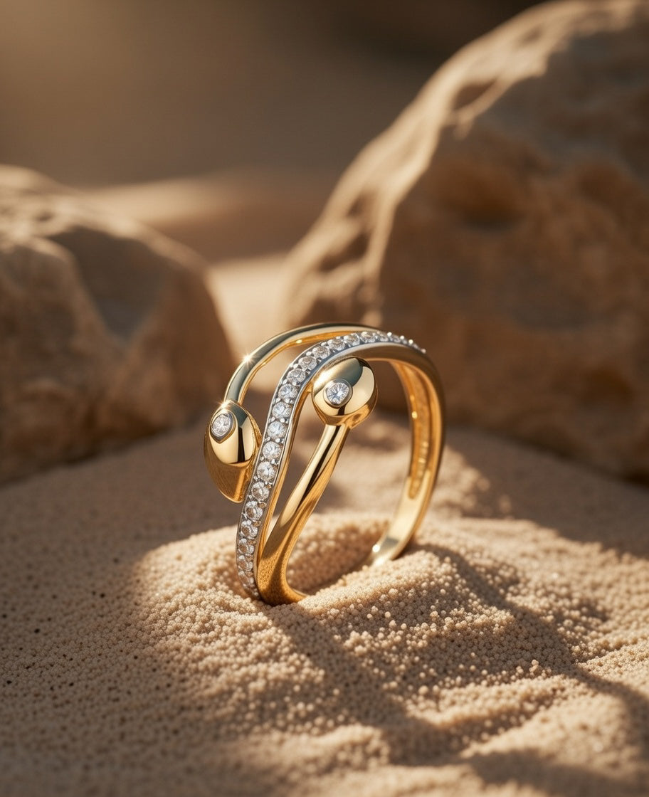 18K Gold CZ Curved Open Design Ring | Modern Cubic Zirconia Gold Ring