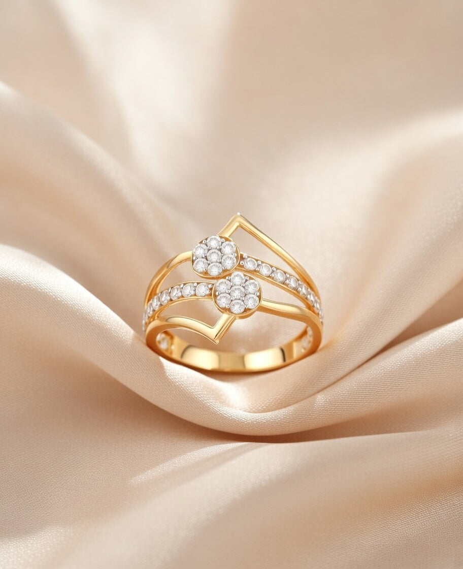 18Kt Gold Plated Dual Cluster Geometric Ring | Cubic Zirconia Zigzag Statement Ring