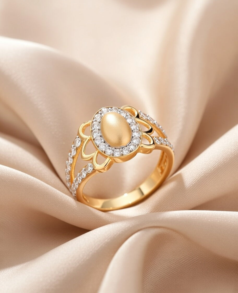 18Kt Gold Plated Matte Oval Floral Ring | Cubic Zirconia Petal Halo Statement Ring