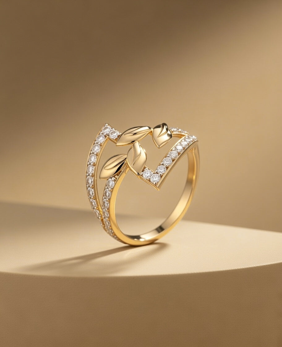 18Kt Gold Plated Leaf Motif CZ Ring | Cubic Zirconia Nature-Inspired Statement Ring