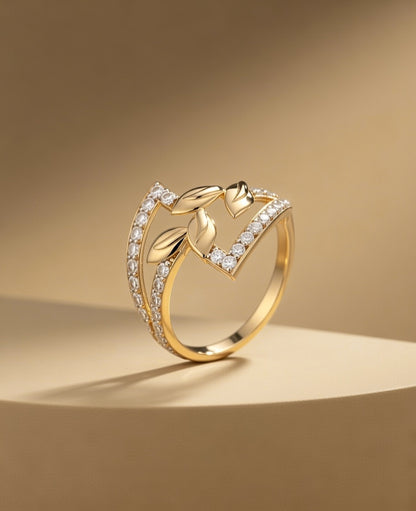 18Kt Gold Plated Leaf Motif CZ Ring | Cubic Zirconia Nature-Inspired Statement Ring