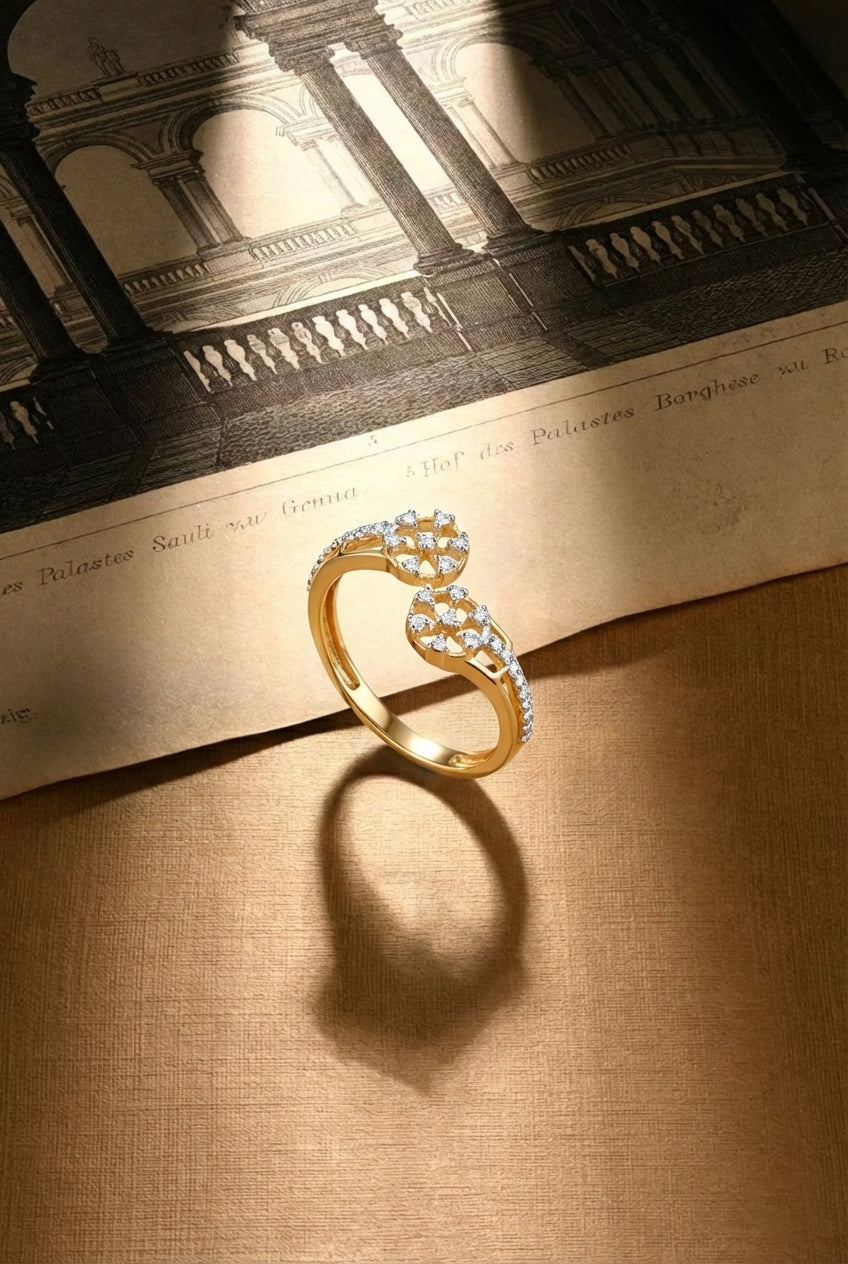 18K Gold Plated Dual Wheel CZ Ring | Cubic Zirconia Geometric Filigree Statement Ring