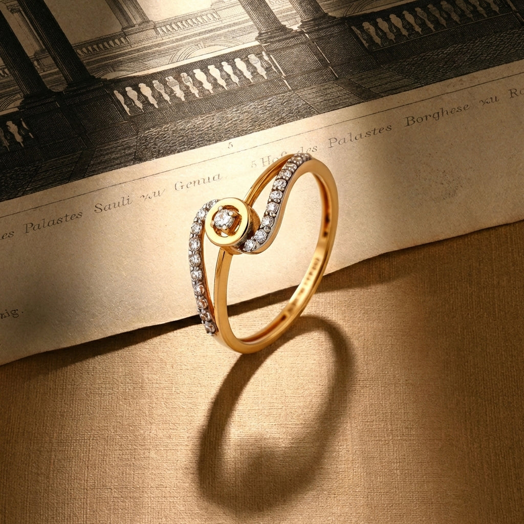 18K Gold Plated Circular Solitaire Ring | Cubic Zirconia Wave Bypass Statement Ring
