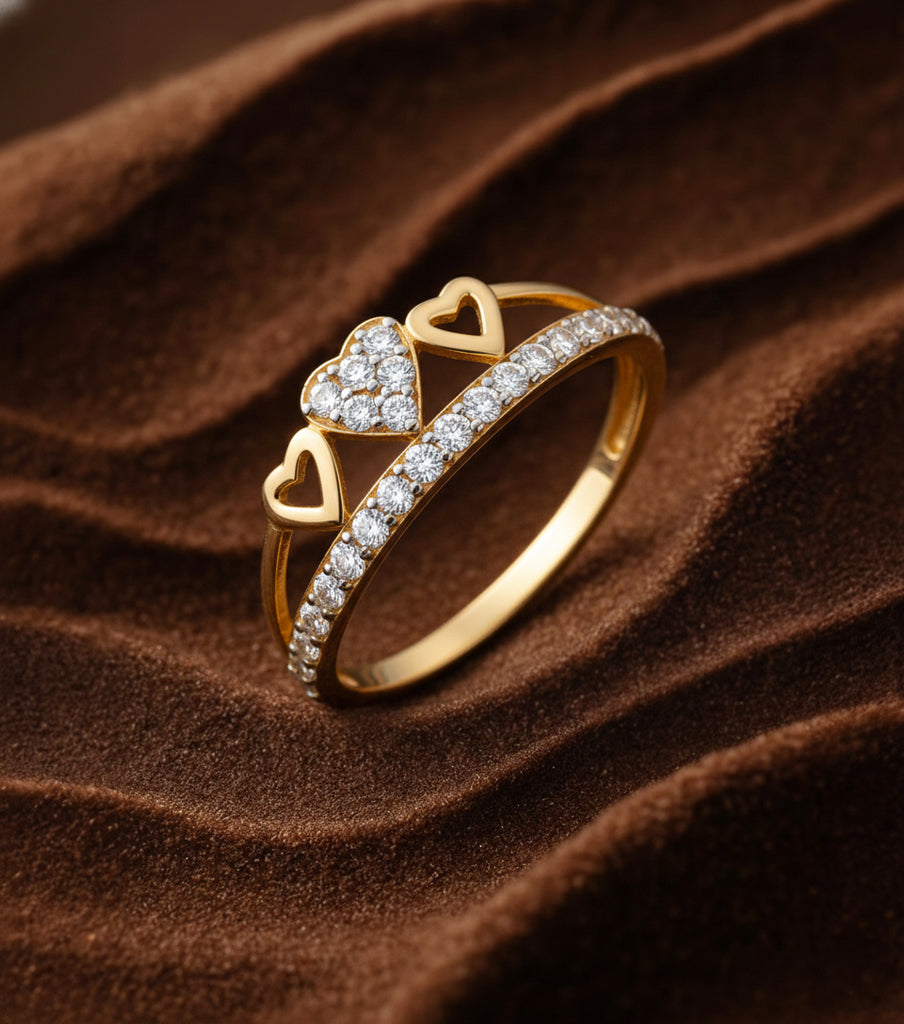 18K Gold CZ Double Heart Ring | Cubic Zirconia Heart Design Gold Ring