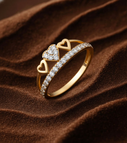 18K Gold CZ Double Heart Ring | Cubic Zirconia Heart Design Gold Ring