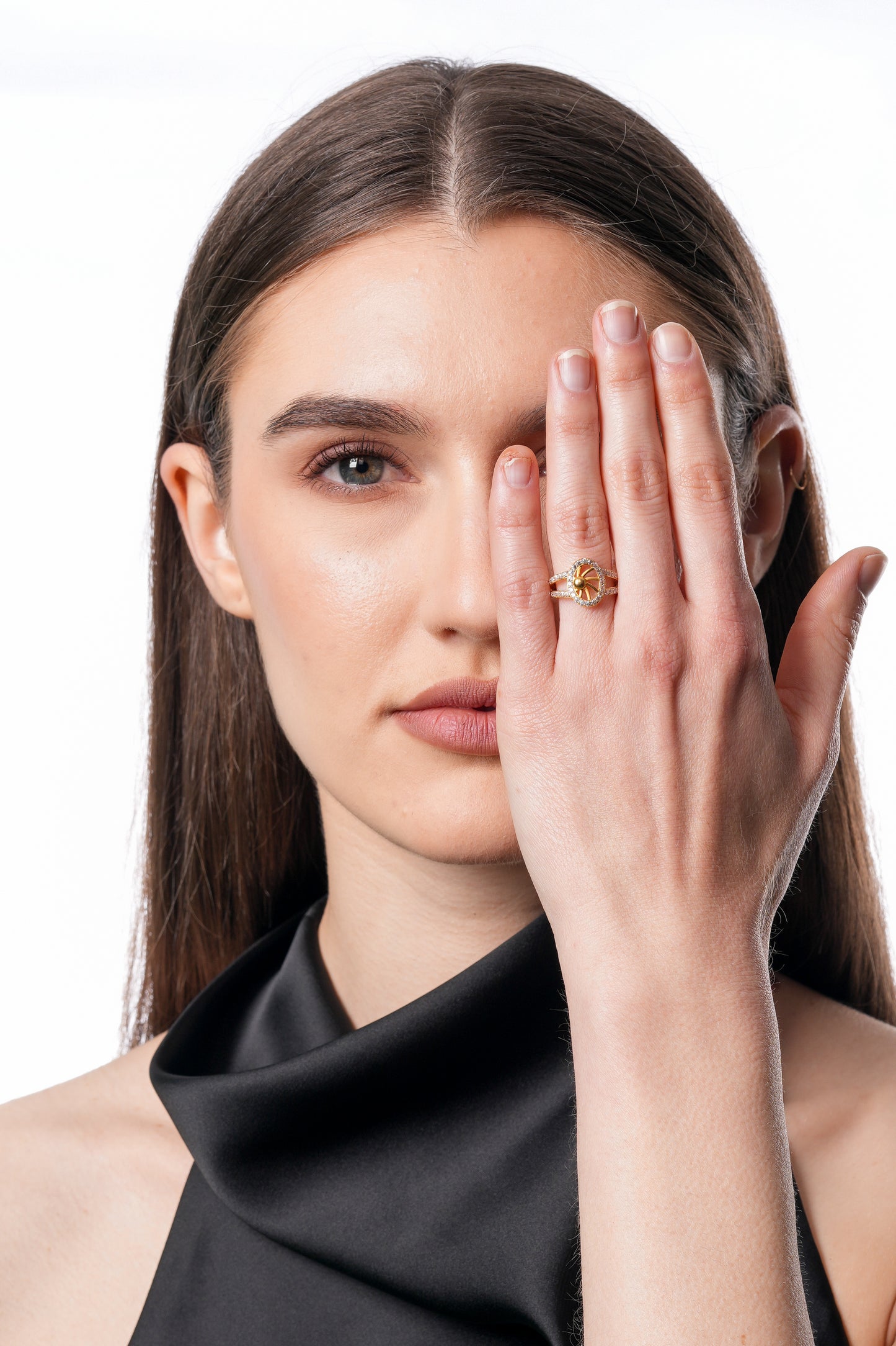18K Gold Plated Celestial Wheel CZ Ring | High-Purity Sun Motif Statement Ring