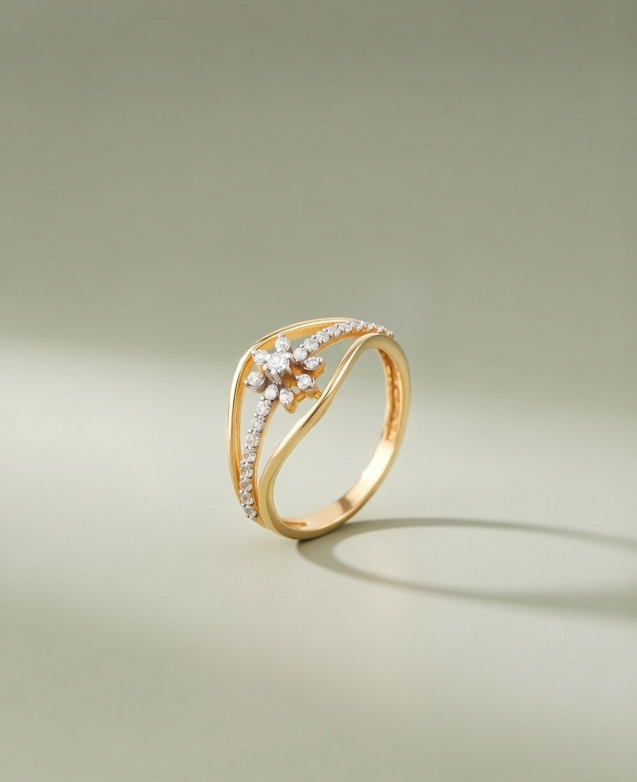 18K Gold Plated Floral Starburst Ring | Cubic Zirconia Curved Bypass Statement Ring
