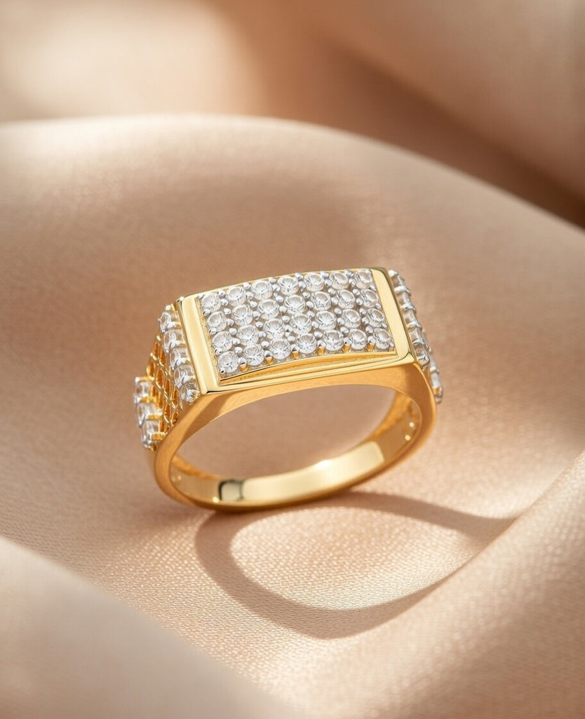 18K Gold CZ Rectangular Pavé Cluster Ring | Cubic Zirconia Statement Gold Ring
