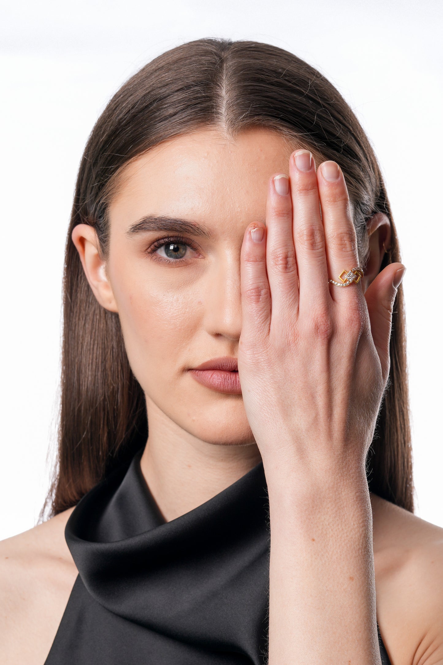 18Kt Gold Plated Geometric Square Cluster Ring | Cubic Zirconia Modern Bypass Statement Ring