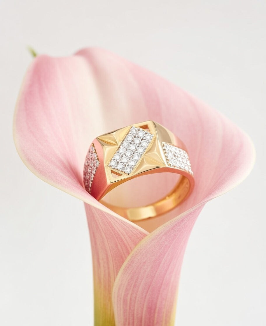 18K Gold CZ Geometric Cluster Ring | Cubic Zirconia Statement Gold Ring