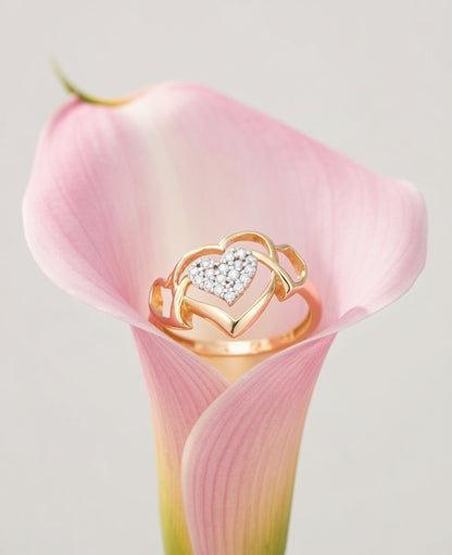18K Gold Plated Triple Heart CZ Cluster Ring | Cubic Zirconia Romantic Statement Ring