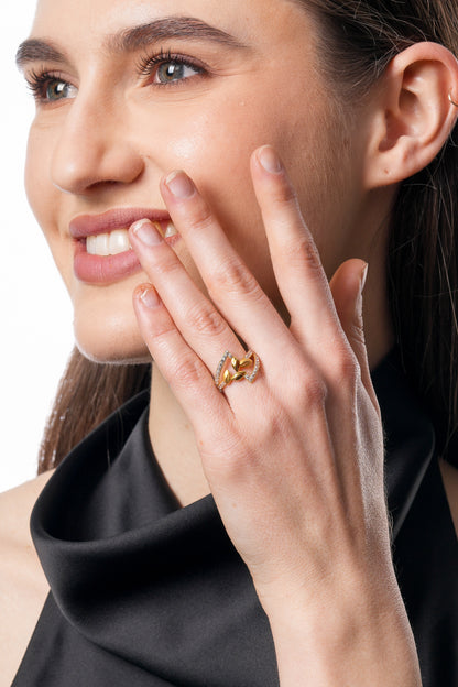 18Kt Gold Plated Leaf Motif CZ Ring | Cubic Zirconia Nature-Inspired Statement Ring