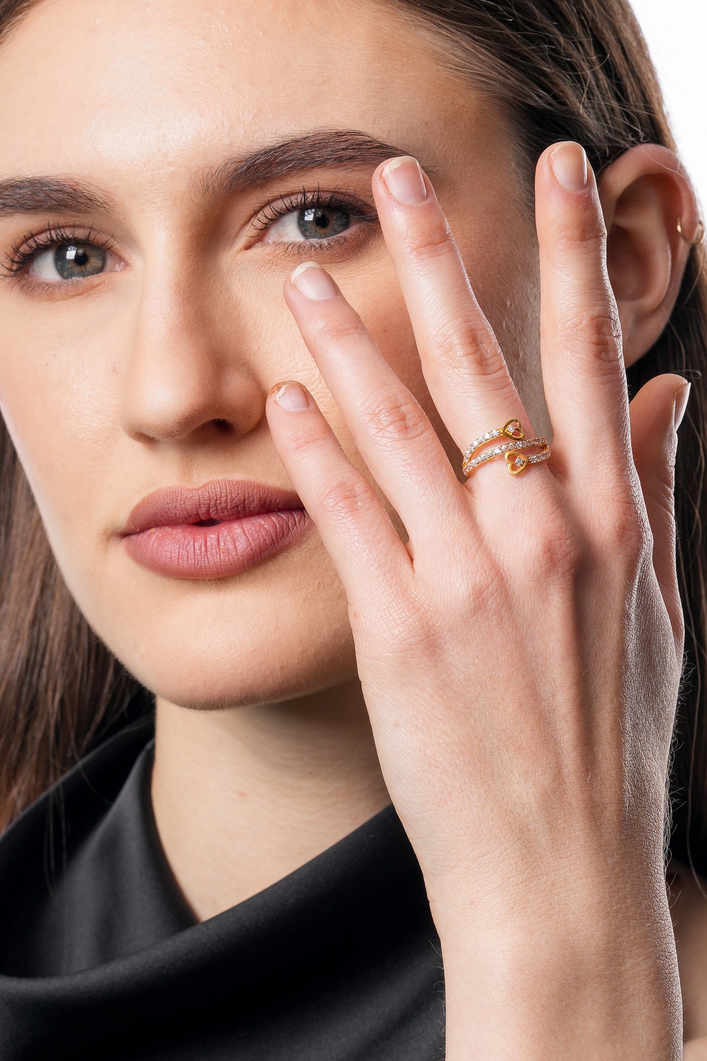 18Kt Gold Plated Twin Heart CZ Ring | Cubic Zirconia Double-Band Statement Ring
