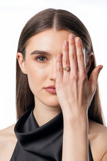 18K Gold Plated Triple Heart CZ Cluster Ring | Cubic Zirconia Romantic Statement Ring