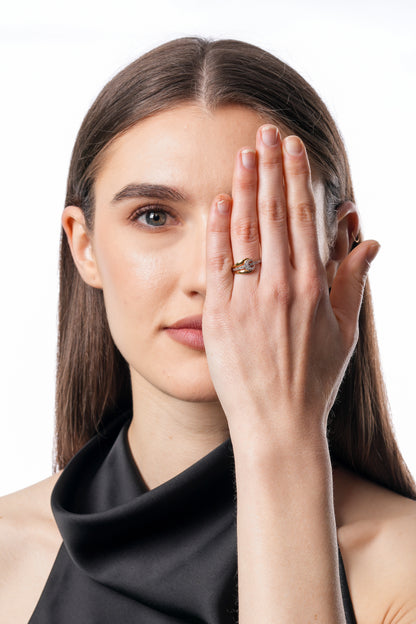 18K Gold Plated Interlocking Loop CZ Ring | Cubic Zirconia Designer Inspired Statement Ring