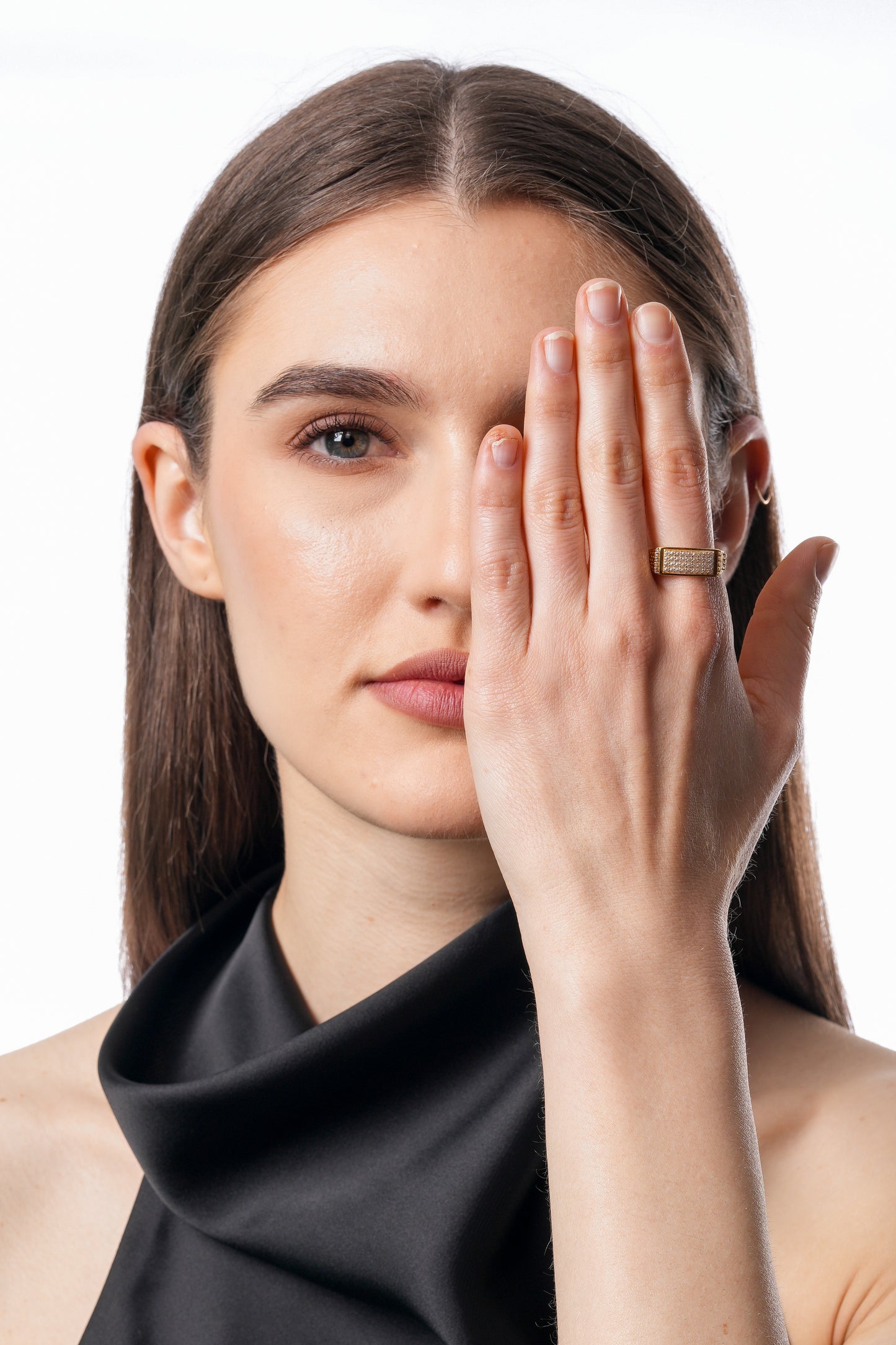 18K Gold CZ Rectangular Pavé Cluster Ring | Cubic Zirconia Statement Gold Ring