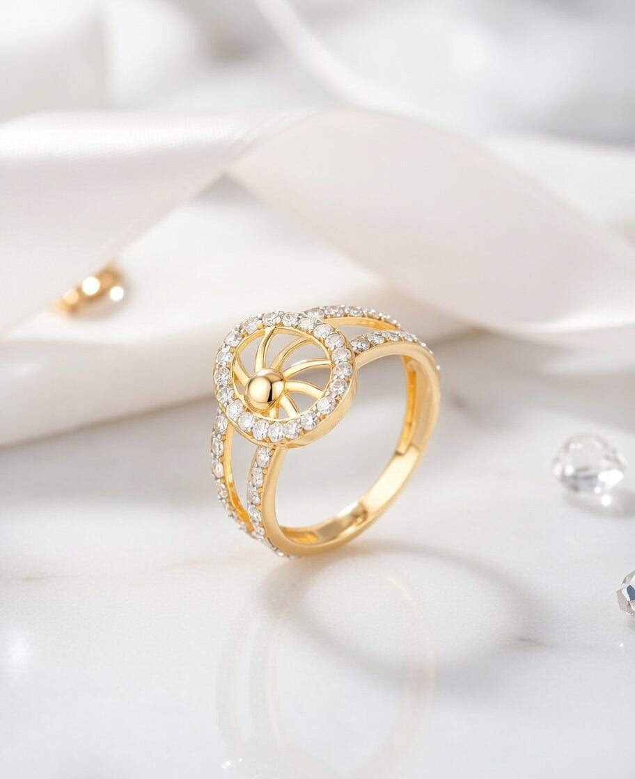 18K Gold Plated Celestial Wheel CZ Ring | High-Purity Sun Motif Statement Ring