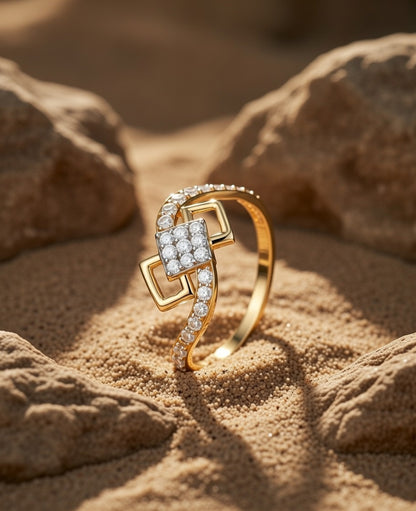 18Kt Gold Plated Geometric Square Cluster Ring | Cubic Zirconia Modern Bypass Statement Ring