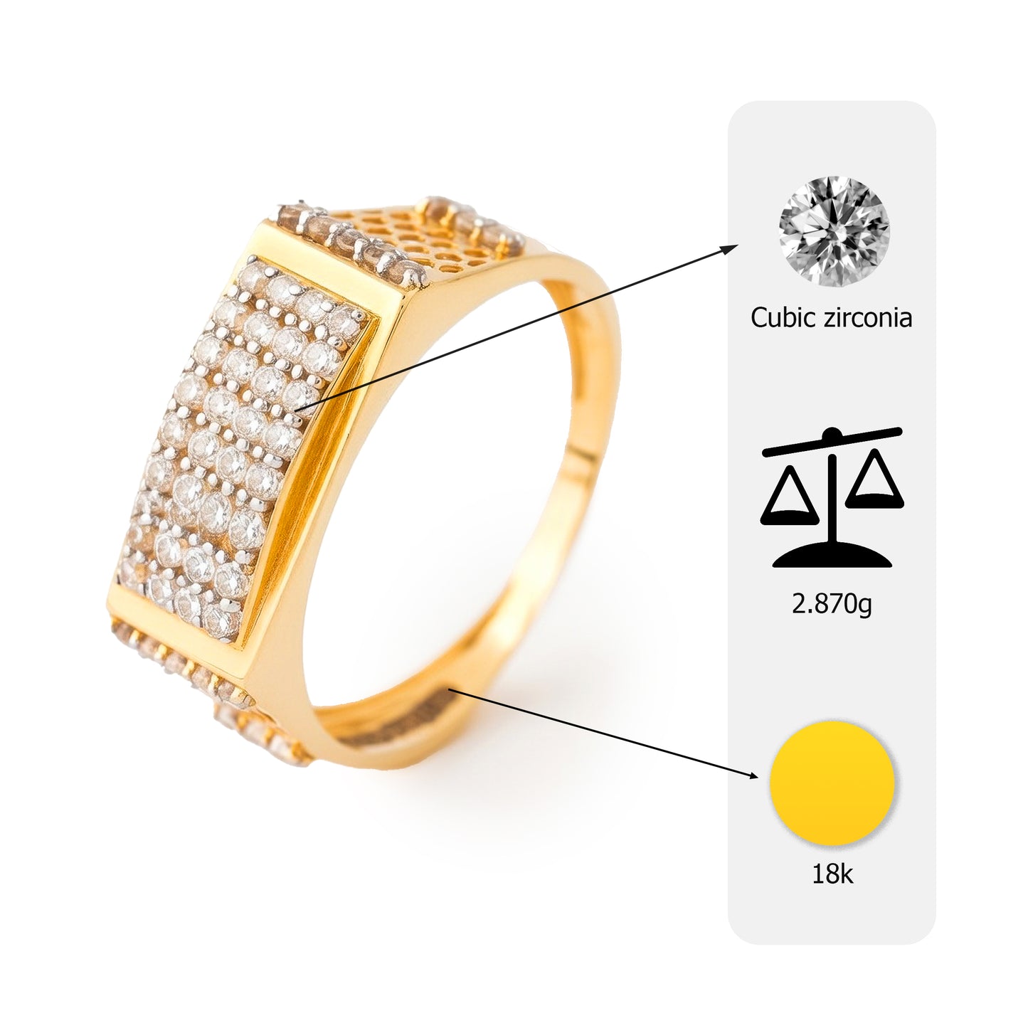 18K Gold CZ Rectangular Pavé Cluster Ring | Cubic Zirconia Statement Gold Ring