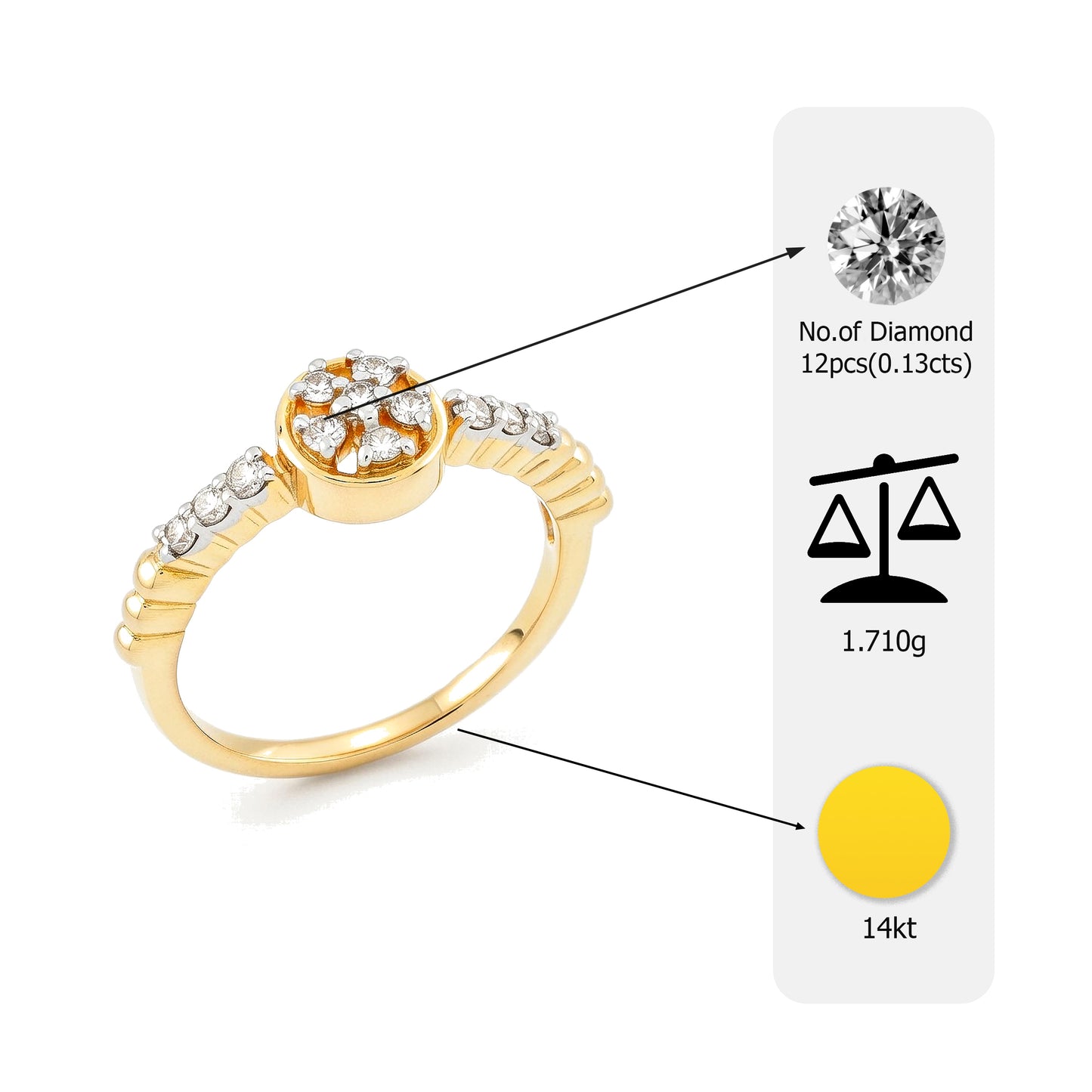 Flambeur B.I.S Hallmarked 14 Kt Diamond Studded Gold Ring