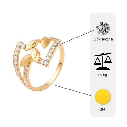 18Kt Gold Plated Leaf Motif CZ Ring | Cubic Zirconia Nature-Inspired Statement Ring