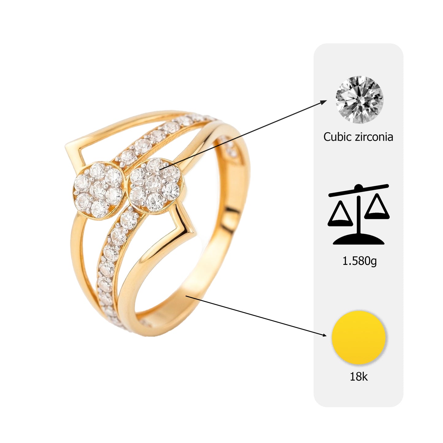 18Kt Gold Plated Dual Cluster Geometric Ring | Cubic Zirconia Zigzag Statement Ring