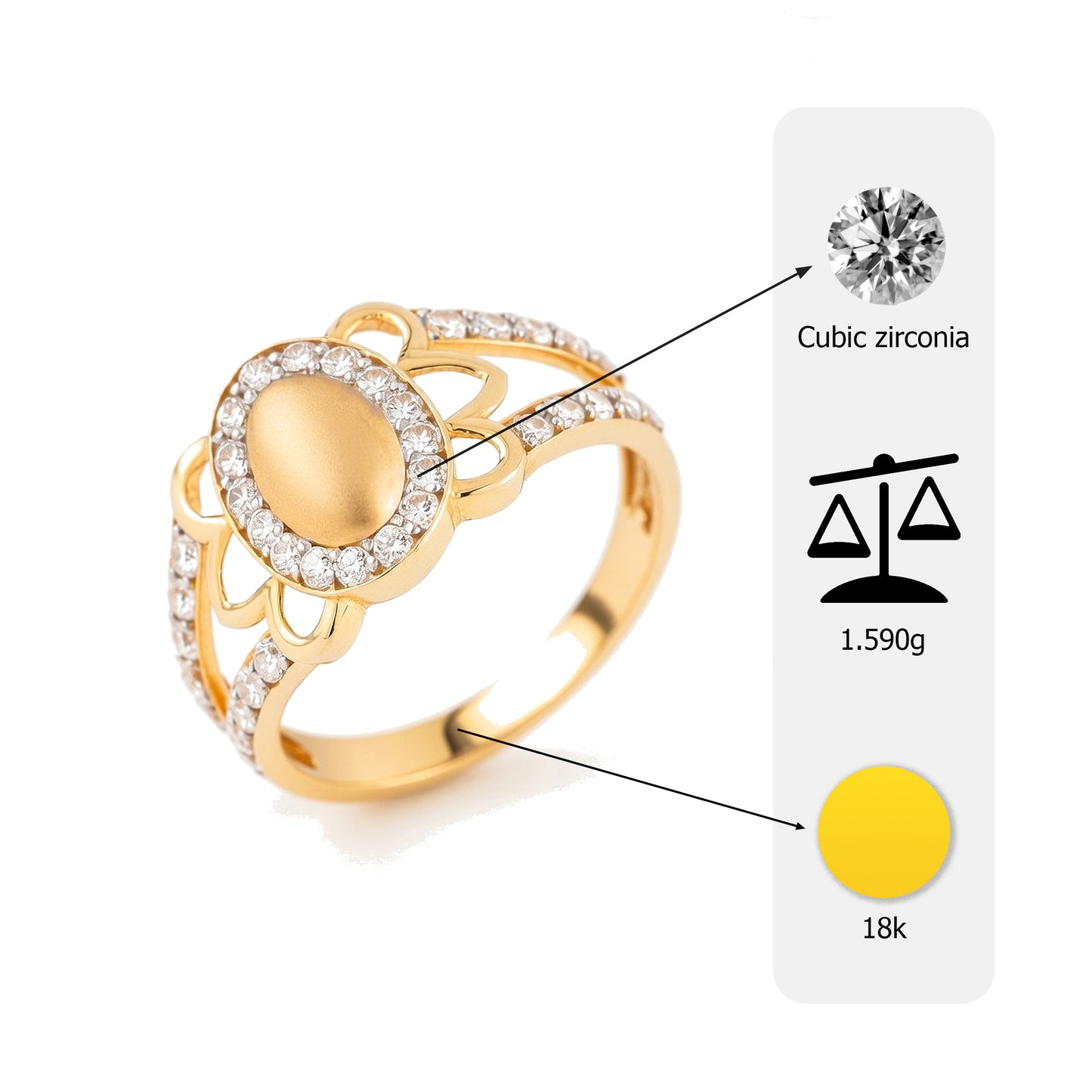 18Kt Gold Plated Matte Oval Floral Ring | Cubic Zirconia Petal Halo Statement Ring