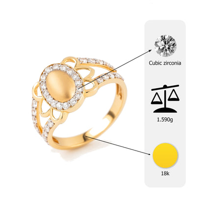 18Kt Gold Plated Matte Oval Floral Ring | Cubic Zirconia Petal Halo Statement Ring