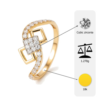 18Kt Gold Plated Geometric Square Cluster Ring | Cubic Zirconia Modern Bypass Statement Ring