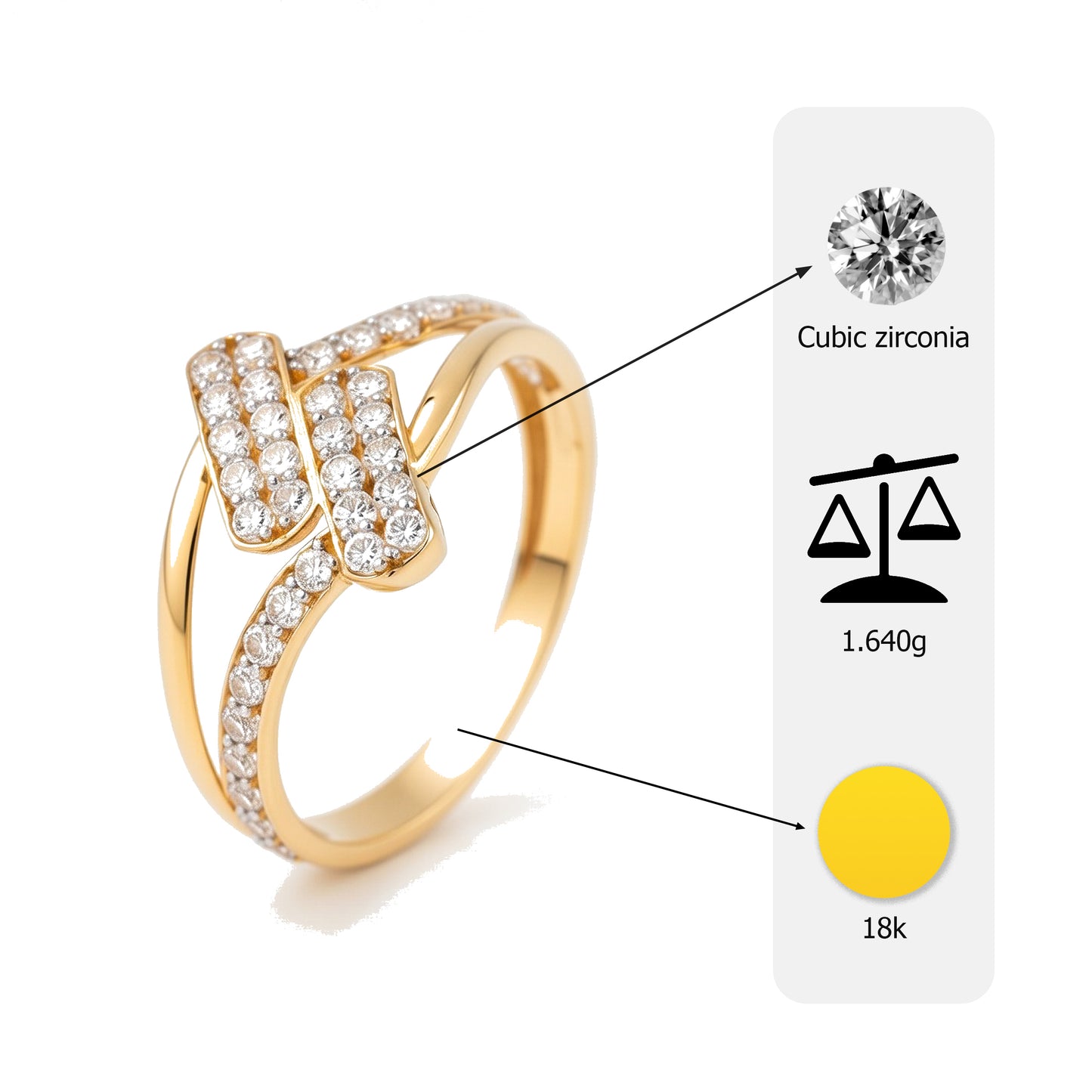 18K Gold Plated Geometric Rectangular CZ Ring | Cubic Zirconia Bold Bypass Statement Ring