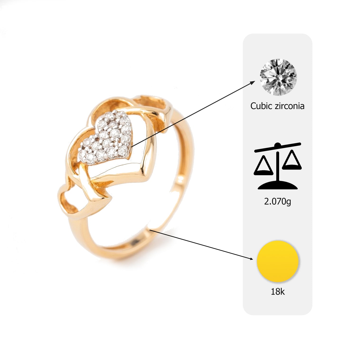 18K Gold Plated Triple Heart CZ Cluster Ring | Cubic Zirconia Romantic Statement Ring