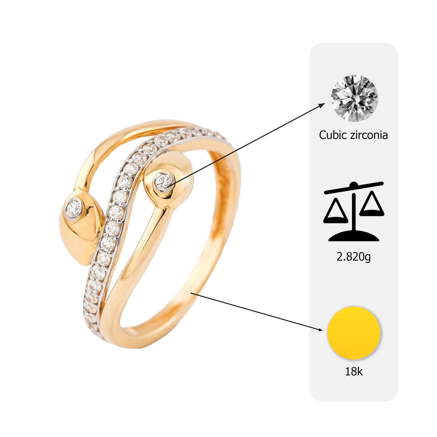 18K Gold CZ Curved Open Design Ring | Modern Cubic Zirconia Gold Ring