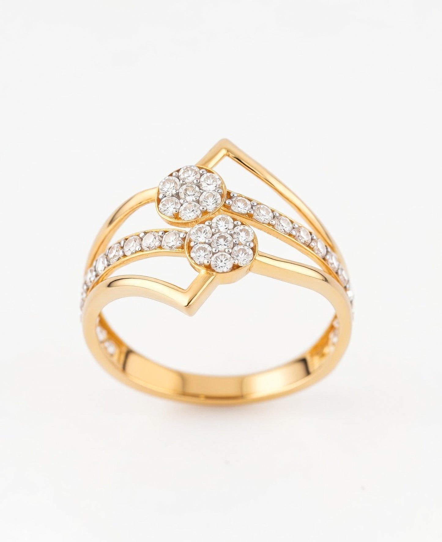 18Kt Gold Plated Dual Cluster Geometric Ring | Cubic Zirconia Zigzag Statement Ring