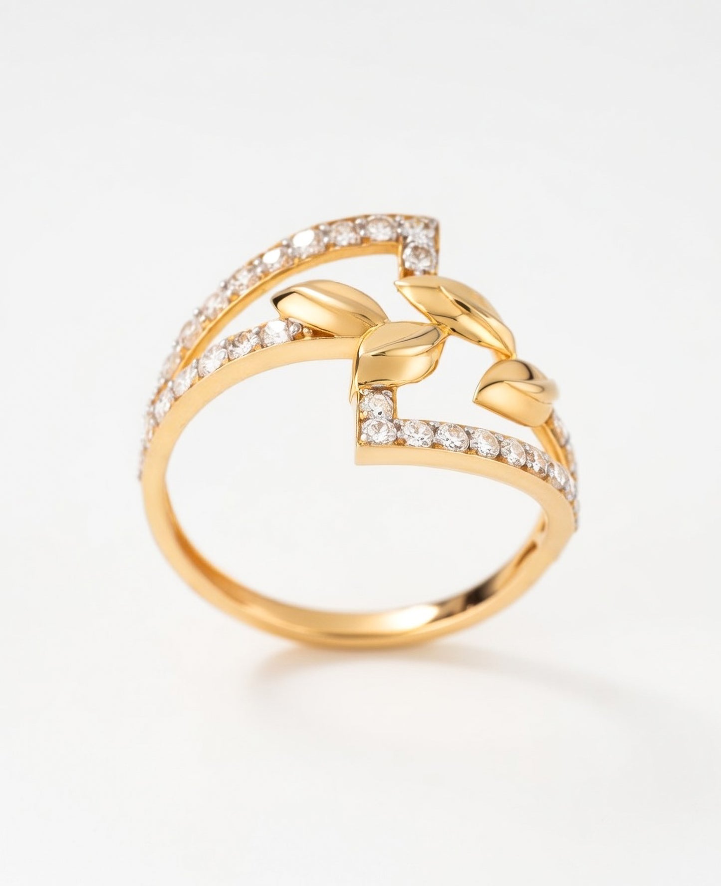 18Kt Gold Plated Leaf Motif CZ Ring | Cubic Zirconia Nature-Inspired Statement Ring