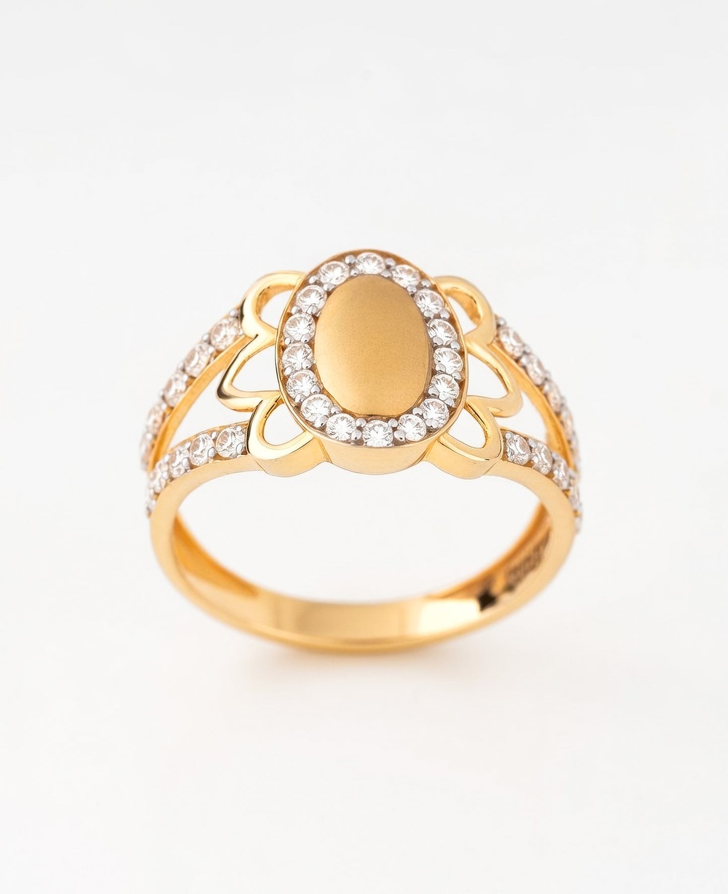 18Kt Gold Plated Matte Oval Floral Ring | Cubic Zirconia Petal Halo Statement Ring