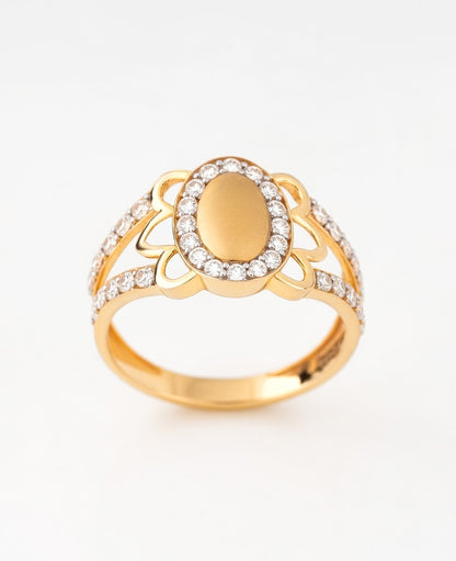 18Kt Gold Plated Matte Oval Floral Ring | Cubic Zirconia Petal Halo Statement Ring